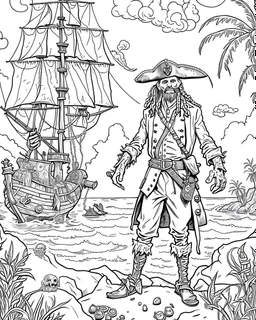 Pirates of the Caribbean: Ghostly Pirates Coloring Adventure: Design a spine-chilling coloring page inspired by the Pirates of the Caribbean movie, showcasing ghostly pirates haunting a deserted island. Let young artists explore their imagination as they add eerie details to the tattered clothing, glowing eyes, and ghostly apparitions. This coloring page provides a thrilling and chilling experience for kids to bring the haunting scene to life in black and white.