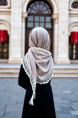 a 7years old girl with a lace long scarf on back head that is standing in front of a building, a picture, arabesque, !8k!, azeri, insanely cute, amazing cgi, turkish, adorable outfit