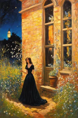 Night, vegetations, flowers, one woman, distant house, mistery, gothic horror films influence, hans thoma, and george iness paintings