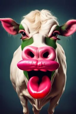 gremlin cow with big lipstick mouth, big lips