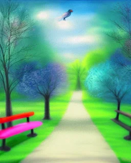 park mystical dream, park bench, man, woman, child, dog, trees, path, bird, sunshine, mystical, fantasy, romanticism, pastel colors, daylight, daytime, acrylic painting, detailed, soft focus,