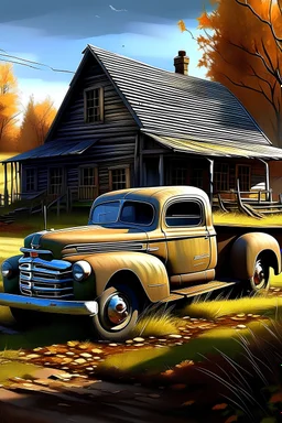 Old American farm, autumn, old vintage Rusty pickup truck in the foreground, farmhouse in the background, fall trees around, autumn, deep colors, Oil paints ink, shadows, hyper-detailed, high resolution, sharp lines, pickup truck emphasis, 3d, 64k --size 1:1