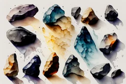 beautiful collection of stones, melting watercolor and black ink outlines on wet paper, soft, shading strokes, in sunshine, ethereal, otherwordly, cinematic postprocessing, bokeh, dof