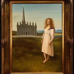 A Italian painting of a Latina young woman in a dress in front of a Mormon temple in sunshine in the style of DaVinci