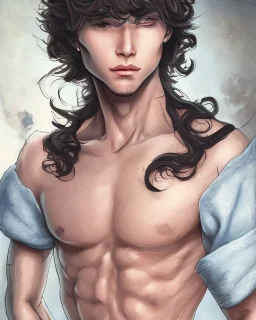 beautiful, slender, 12 year old arabic boy with very long curly hair and light blue eyes, shirtless