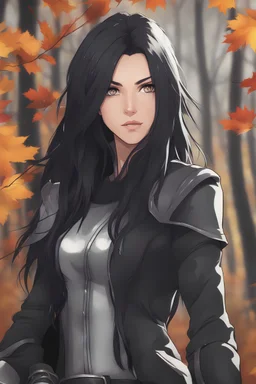 Young woman with long and wild black hair, gray eyes, wearing black and gray clothes, autumn trees in background, wearing silver gauntlets with claws, RWBY animation style