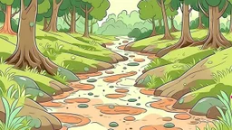 Cartoon style Forest with trees, muddy footprints on the path near a creek