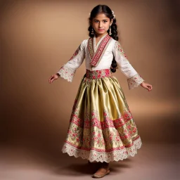 full body 7years old girl ,simple background, full body of very pretty little girl in azeri dance wearing A underdress or shirt, often made of silk,A fitted, often velvet or brocade, jacket worn over the shirt.Wide, bell-shaped skirts are worn, often long and layered to create beautiful movements while dancing, with a long lace scarf at back of her head ,with pretty shoes,in T pose looking at camera.
