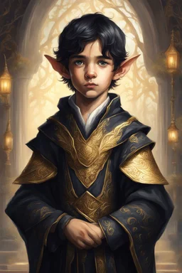 nine-year-old elven boy, golden eyes, black hair, dressed in aristocratic robes
