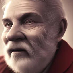 Close-up of an old man, facial wrinkles, color art, contrasting wrinkles, short beard, vibrant face, high focus, black and white hair, prominent features, blue lighting, red lighting.
