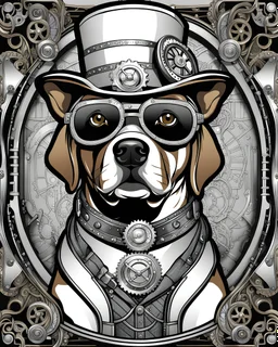 Steampunk dog Coloring Book Page, highly detailed.full body portrait, black and white.