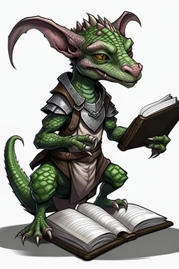 kobold from dungeons and dragons, grey diamond - shaped scales, big magic book