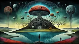 one alone human stands on fade colors floating island over normal neurotipical lifes on landscape with many little humans. this island with deep dark colors. dreamlike inner world with neurodivergens soul and mind,, Whimsical strange style of Chagall, of Bosch of giger and Anton Semenov. weird absurd beauty nightmare, in background neuronic network, Whimsical surreal vibe, cinematic