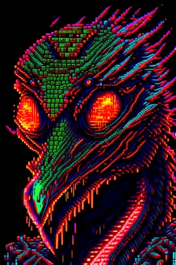 Reptile angel, shiny red eyes, scary, barf art, highly detailed pixel art, scifi, retro, neon fluorescent aura, extreme attention to details, exaggerated, strange