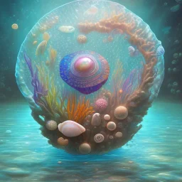 Underwater, rainbow seashell, opal pearl inside, magic fills the water