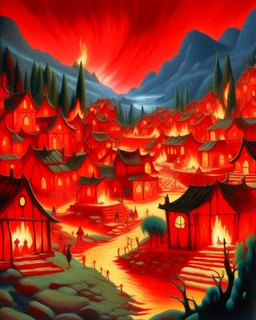 A cherry red village with torches painted by Alan Sorrell