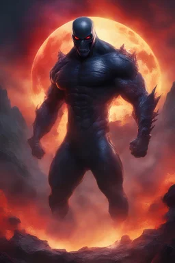 the Phantom, Strong, athletic physique, action poses, battle scars, blood, foggy, cloudy background, multicolored lightning, flowing lava, Full Eclipse, aliens, explosions, bright, vibrant, extremely colorful, detailed, blood red skies