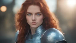 a beautiful young female knight model looking at me with red long wavy hair, shiny light blue eyes, with bokeh in the background. three point lighting, 8k, in the style of shaiya. She holds a glowing rapier.