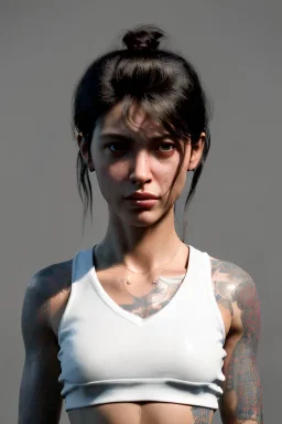 Ultra Realistic image, 25 years old brunette woman, Madrid, portrait, small stature, small chest, yakuza body tattoo, white broken cotton short undershirt, black latex short, vibrant color, highly detailed, art stations, concept art, smooth, unreal engine 5, god rays, ray tracing, RTX, lumen lighting, ultra detail, volumetric lighting.