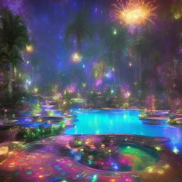 turquoise neon pool water sparkling at night in the dark detailed realistic glowing