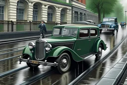 a vintage Bentley 4 door saloon with a border collie at the wheel driving the car is going down a very rainy London street. Photorealistic