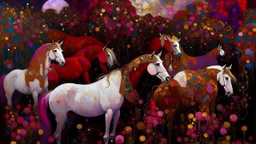 A dark magenta magical domain with winged unicorns painted by Gustav Klimt