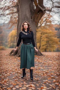 full body of very beautiful girl midi skirt and blouse , curvy hair with small cap and lace scarf ,standing idle happy pose in studio pretty makeup