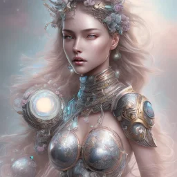 fantasy magic, intricate, sharp focus, illustration, highly detailed, digital painting, concept art, artgerm and paul lewin and kehinde wiley, masterpiece sexy lips with smile Asian lady body flowers head silver bright rain lady outer space pretty, pink blue