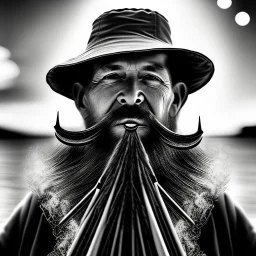 pencil Black and white Portrait of old fishermen sitting on a chair ,long beard, smoke coming out of Classic Briar Wood Pipe ,wearing a bucket hat, fantasy 8k by Van Gogh