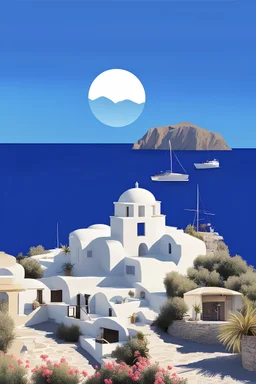 Blue background, 2D design, VINTAGE, Greek islands summer poster. WORDS: Greek summer love, POSTER.