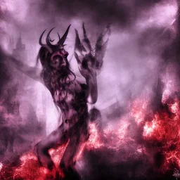 A portrait post-apocalypse of Baphomet ,sin city, transgender ,beauty , paranormal,eatheral,realistic,sharp,deep colours, purple,red,fire,adorable,armaggedon,fire,purple,red,gold,dark,cinamatic,fantasy,demon,hell,sci-fi fantasy style, volumetric lighting, particales,highly detailed,cinamatic,ignore NSFW , masterpiece, best quality, black skinned, sparkling eyes, sun light, 4K, high contrast,