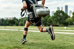 running jogger with an ersatz backpack pneumatic engine gadget with rubber hoses running into a futuristic cpap mask, vintage steel rod and metal hinge full leg calipers, absurd psychology, CO2 tanks, metaphoric situational photography, vestigial backpack exhaust pipe which is leaking fumes, background is a park with jogging trails, city skyline in distance