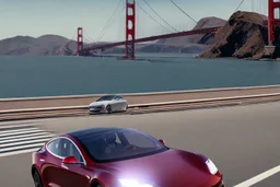 A Tesla 'Model S' is drifting at top speed, on the 'Golden Gate' bridge. (CINEMATIC, WIDE ANGLE LENS, PHOTO REAL)