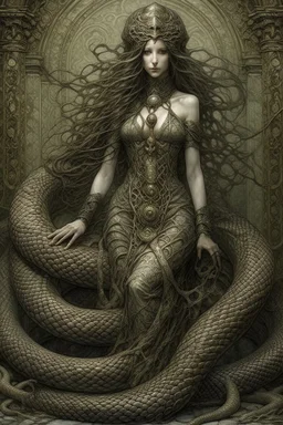A beautiful girl with long curly hair , full body , holding a big snake , front view . decayed and rotting with grotesque proportions and imagery. grotesqueries, detailed texture, surreal horror, biomechanical design, by hr giger and beksinski