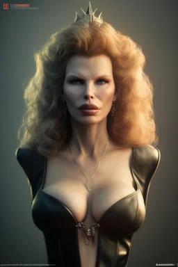 Kim Basinger as evil queen in black leather, busty, cleavage, curvy, angry, stern look. character design by cory loftis, fenghua zhong, ryohei hase, ismail inceoglu and ruan jia. unreal engine 5, artistic lighting, highly detailed, photorealistic, fantasy