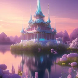 joli petit temple de cristal, lac turquoise, ciel rose et bleu, lumière, fleurs délicates, ambiance très réelle, 8k, Cinematic lighting. Photorealistic. Dynamic lighting. Imperial colors.