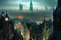 Bruge+Gothic city+ BioShock+Dishonored+Bloodborne +trieste+Edinburgh+Chicago+victorian London+decòpunk Skyscraper+ +steampunk+biopunk+alphonse mucha, greg rutkowski, matte painting, cryengine, hyper detailed, felix kelly, fantasy art, seb mckinnon