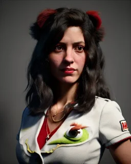 Portrait, spanish waitress woman with monster muppet mask that covers her entire head, retro style, Sesame Street style, black, smooth, unreal engine 5, god lights, ray tracing, RTX, lumen lighting, ultra detail, volumetric lighting, 3d.