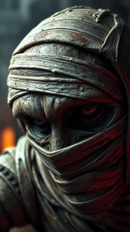 Busch painting style nightmare, a zoomed 3/2 view of the mummy by his face skin is a rusted broken metallic skin texture in a 3d rendering full-height image of a grim and dark scene. Ensure the final images exhibit the utmost quality, encompassing 4K, 8K, and 64K resolutions, with 3D rendering that manifests in photorealistic, hyperrealistic, and highly detailed representations. Employ techniques such as HDR, UHD,