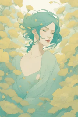 wind blowing from below, portrait of beautiful woman with green hair, loose lines, flowers, pastel yellow and pastel blue, sense of liberation, concept art, art by james jean, takato yamamoto, 4k, concept art, illustrative