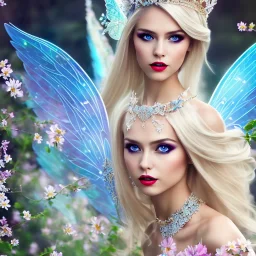 Fantasy fairy with transparent wings, smiling, make up, long platinum blond hair with crown and flowers, blue dress, flower background