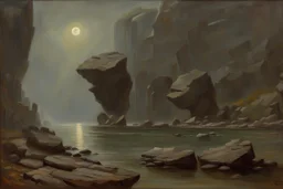 grey sky, rocks, sci-fi, lake, friedrich eckenfelder and henry luyten impressionism paintings