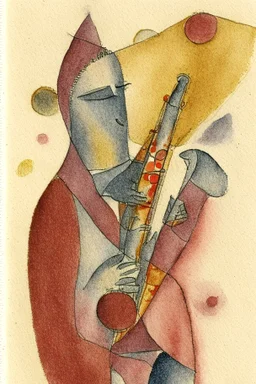 Pencil drawing and watercolour by Paul Klee grey and gold and red of a man playing the saxophone