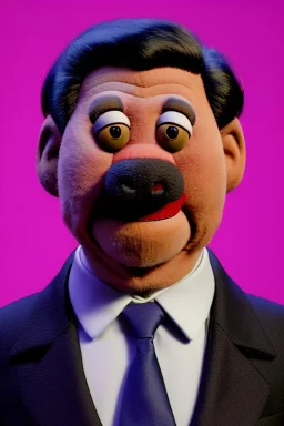 Waist up muppet Portrait, Xi Jinping as muppet doll, black suit and red tie, photo studio, blue background, unreal engine 5, concept art, art station, god lights, ray tracing, RTX, lumen lighting, ultra detail, volumetric lighting, 3d.