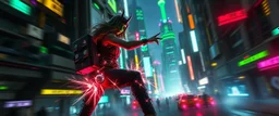 cyberpunk space city, in valley, close up on A space pirate priest rogue cowboy girl with disco ball rocket shooting sparks backpack named Daisy started doing the splits, Blew a fuse in his hips and short-circuited his bits, The Martian fluffy gremlins went wild, the Plutonians dogs screamed, Even black-and-white aliens turned ultraviolet green! in the style of fallout 4 and HR Giger, background motion blur , and volume fog spot lights