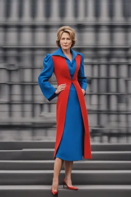 Powerful classical portrait of a 2000s politician in her early 40s wearing a blue dress standing in a powerful position a little zoomed out