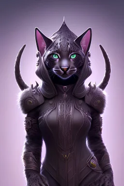 Detailed photo female tabaxi black jaguar sorceress, wearing hood with ears poking through, black fur on face, full body shot with space over head, add white tufts of fur coming out of ears, pretty, green eyes, hyperdetailed painting, black clothes trimmed in purple and silver, 4k resolution concept art, Artgerm, WLOP, Alphonse Mucha, 3d render, octane render, intricately detailed, cinematic, Isometric, Centered hipereallistic cover photo awesome, dark, gritty, realistic mucha, klimt, cinematic