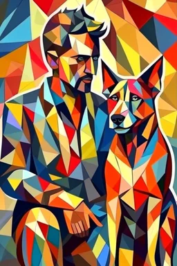 man and dog, cubism style, colorful, full details, high quality,