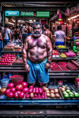 full body shot photography, iranian man at night, 55 years old with hands on the flap, manly chest, muscular chubby , curly beard, dirty, serious, stand up on a crowded street, sells watermelons at his stall, sweat, shirtless, open legs, bulging pants, long hair, ugly, big thighs, bullneck, big shoulders, photo realistic, photographic, super detailed, hyper realistic, UHD, midnight , misery and poverty, side light, frontal view from the ground, ambient occlusion