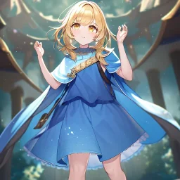 Clear focus, High resolution, Rough line, cute, cartoon style, blonde short hair, golden eyes, long locks, spiky hair, wearing a white sleevless shirt, wearing a blue cloak, wearing a light blue skirt, wearing white long socks and brown shoes